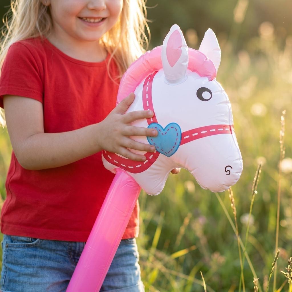 Giocattolo gonfiabile a forma di testa di cavallo in PVC con bastone per bambini, durevole, leggero, materiale morbido, sicuro per giocare all'interno e all'esterno, adatto per l'intrattenimento dei bambini