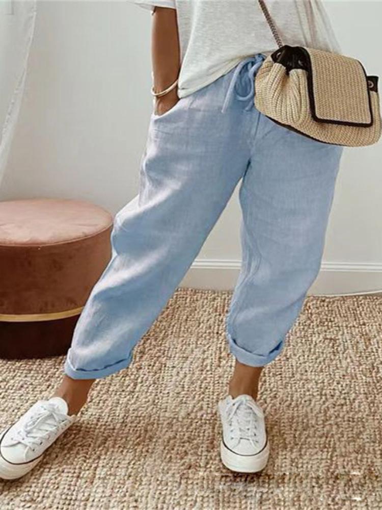 

Женские повседневные брюки из хлопка и льна с карманами, повседневные брюки со свободной талией для женщин S небесно-голубой