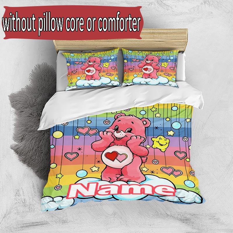 3'lü Nevresim Takımı (1*Nevresim Kılıfı + 2*Yastık Kılıfı, Çekirdeksiz), Kişiye Özel İsimli Care Bears Desenli Nevresim Takımı, Ev Yatak Odası Dekorasyon Hediyesi