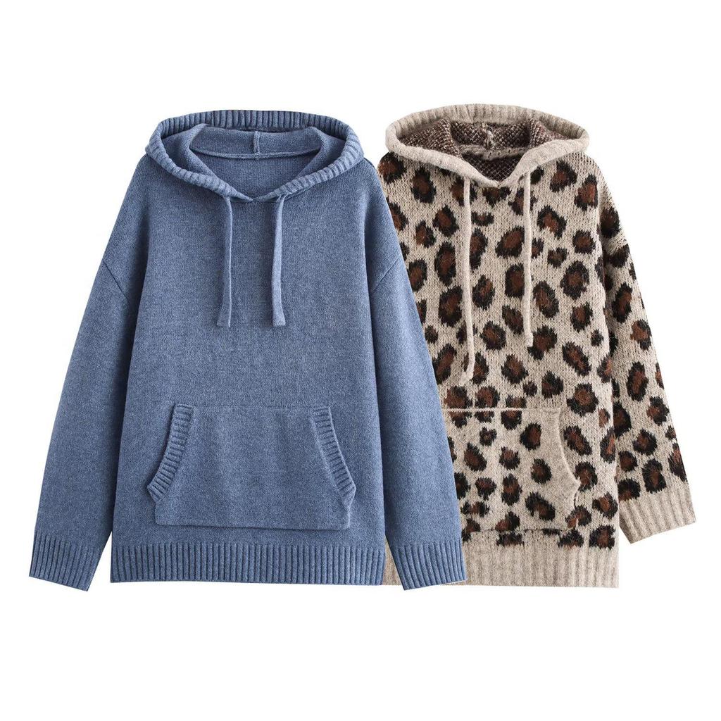 Women's Leopard Print Hooded Knit Sweater - Winter 2024 European and American Style