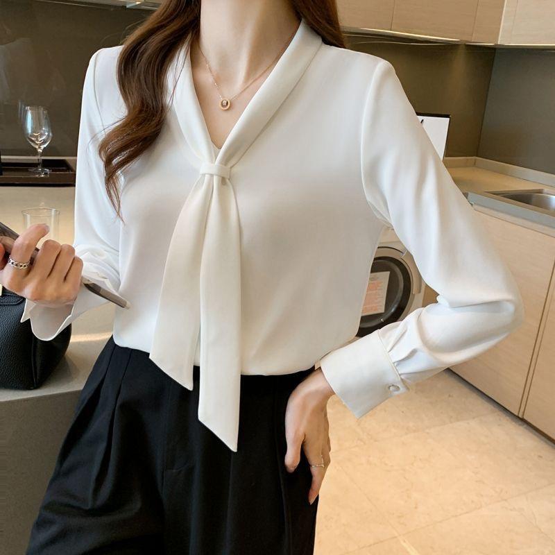 Women Spring Summer Style Blouses Shirts Lady Casual Long Sleeve Bow Tie Collar White Color Blouses Shirts