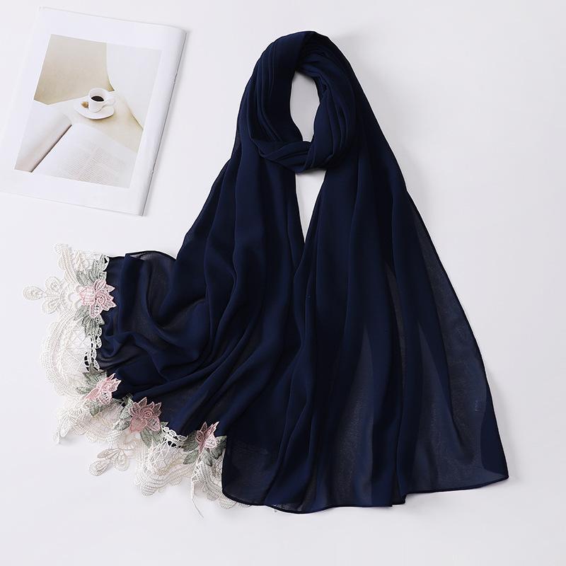 New Premium Pearl Chiffon Hijab Long Shawl Embroidered Lace Floral Muslim Women Wrap Headscarf 70X175Cm Abaya Islam Turban Femme