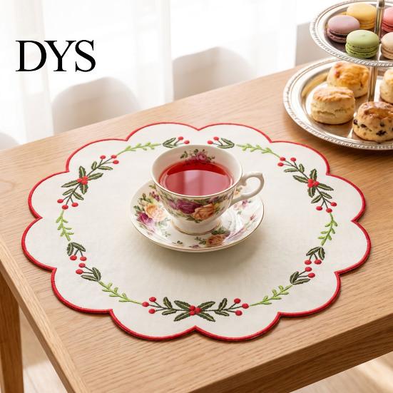 Autumn Harvest Table Settings Christmas Scalloped Embroidered Placemat, 15 Inch Cloth Place Mat with Holly Berries Waterproof Fabric Mats Leaves