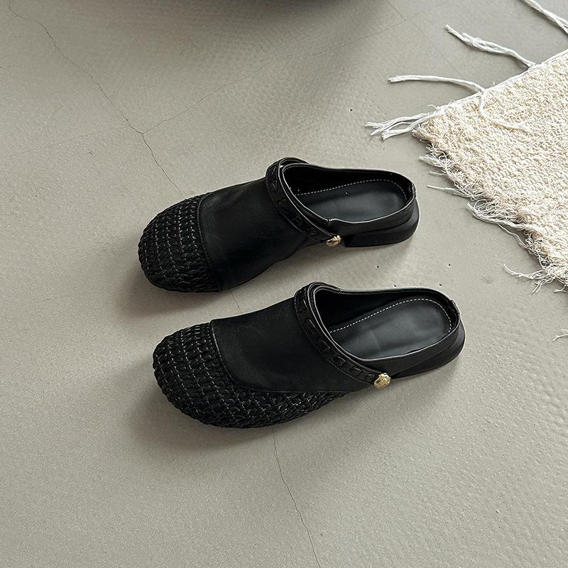 Fashion versatile hollow woven bag head half slippers women's summer retro two wear splicing wedge heel cool slippers Muller shoes