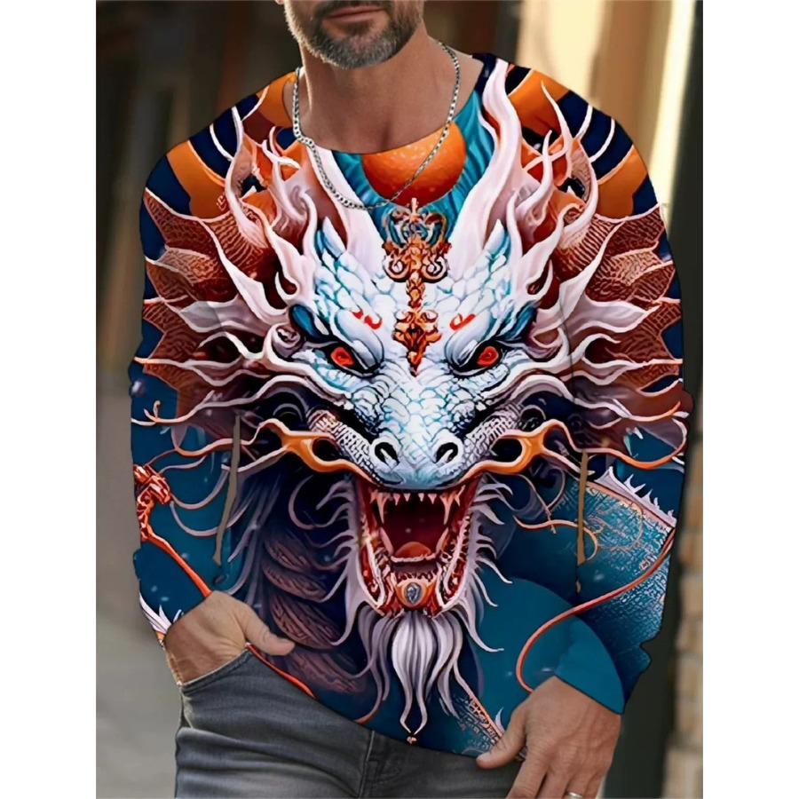 

Футболки с рисунком дракона весна-осень, круглый вырез, длинный рукав, мужская спортивная одежда больших размеров, винтажная футболка с 3D-принтом больших размеров 5XL