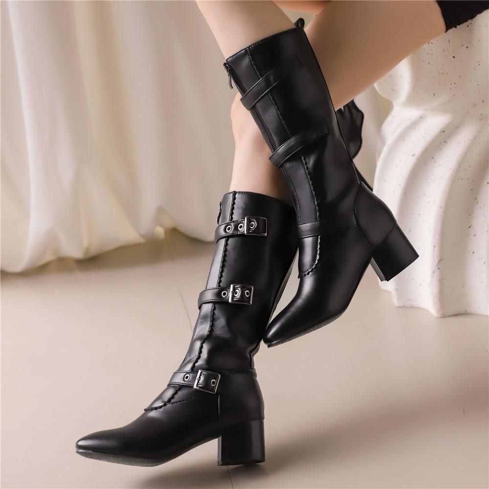 Knee-High Boots Women Vintage Belt Buckle Shoes Female Square High Heel Zipper Autumn Winter Soild Casual Botas Feminina