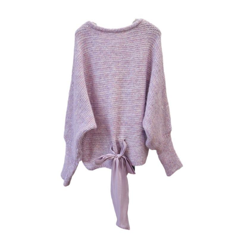 Autumn and Winter New Back Strap Bow Knitted Sweater Top Sequined Design Loose Sweater Pullover Woman