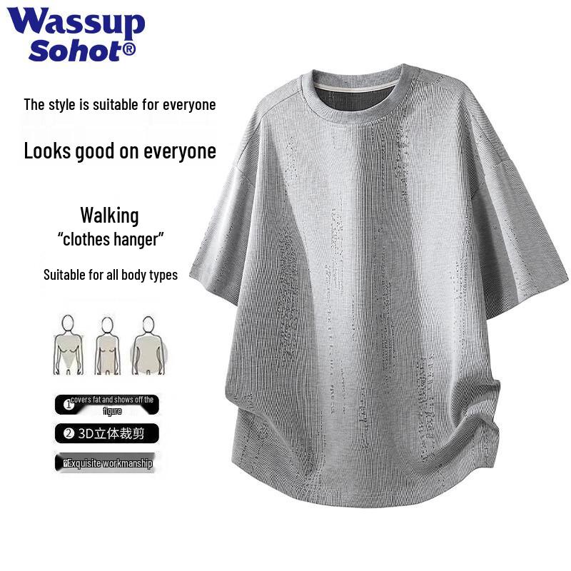 Wassup Sohot Men s Retro Distressed Round Neck Short Sleeve T-Shirt 4XL светло-серый
