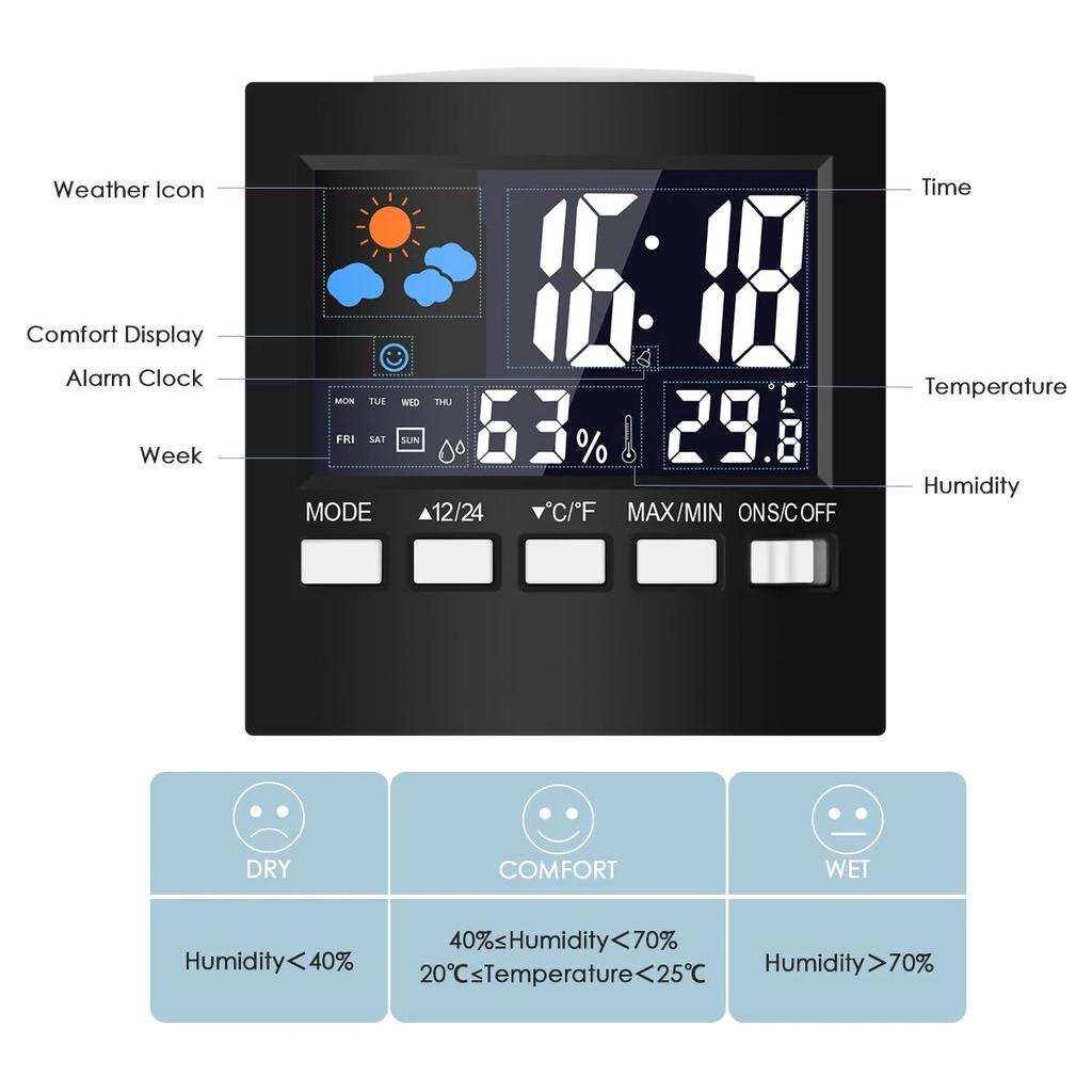 Digital Alarm Clocks LCD Temperature Humidity Weather Station Display Table Clock