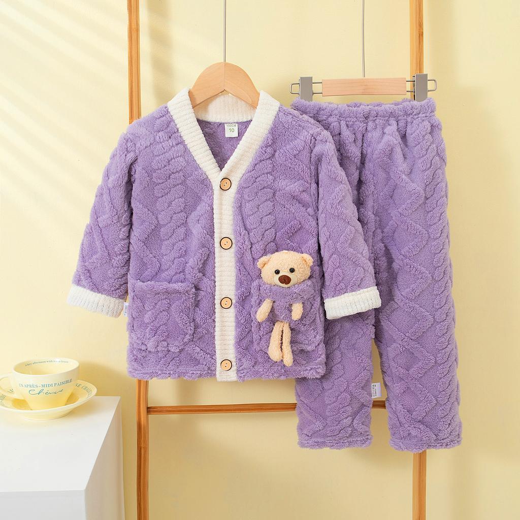 Dětské podzimní zimní měkké flanelové teplé pyžamové soupravy Dětský kabátek s kresleným medvídkem a kalhotami Pyžama pro chlapce a dívky Ležérní oblečení na spaní