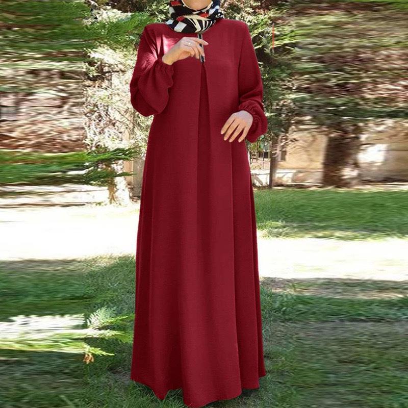 

New Muslim Women s Solid Color Bubble Sleeve Dress with Webbing M вина червоного кольору