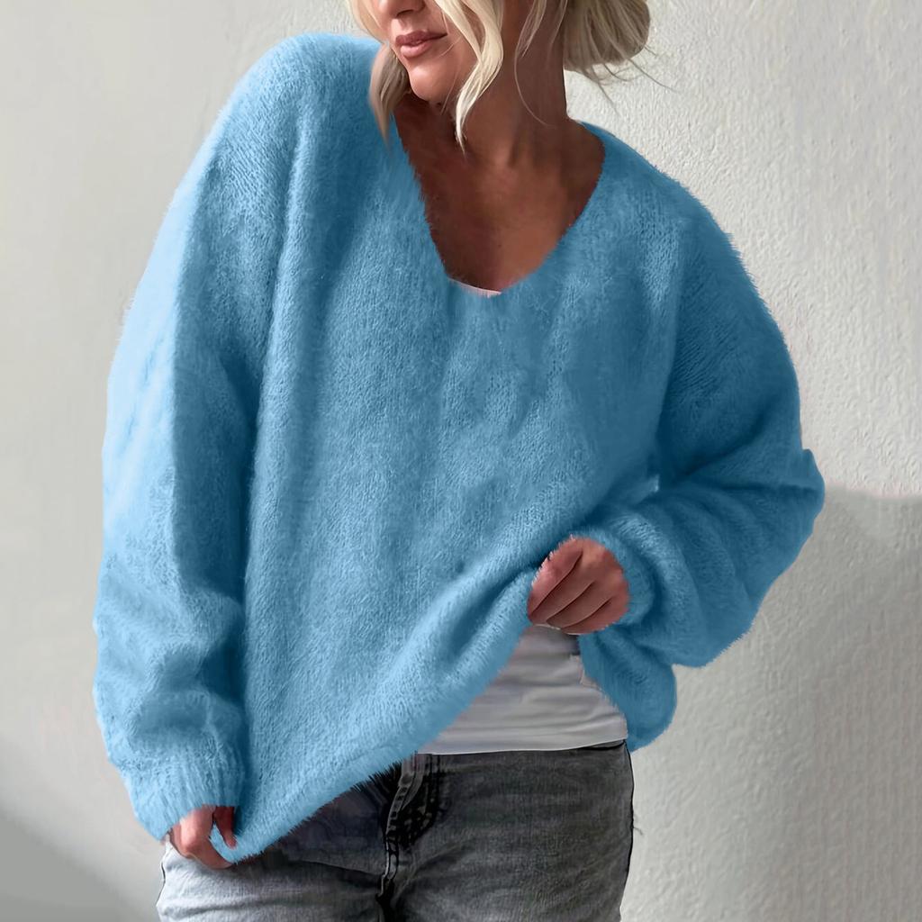 Women's Fashion Casual V-neck Solid Color Long-sleeve Knitted Sweater Top