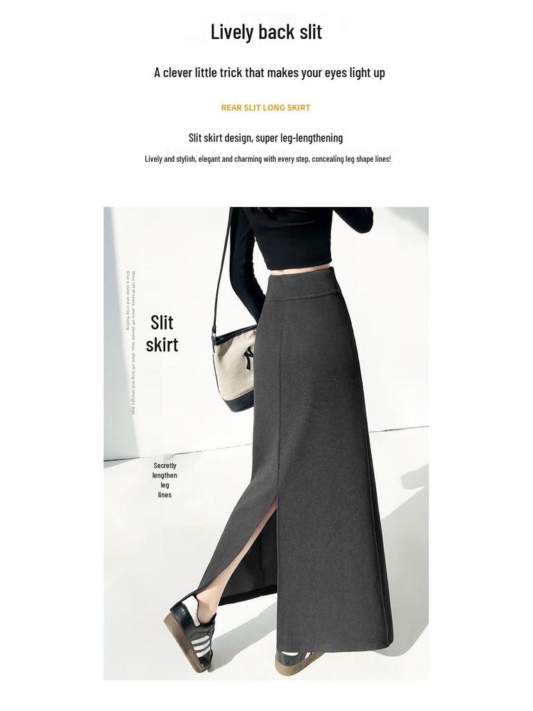 Women's Black Knit Skirt - 2026 Spring Arrival: Versatile Slimming Midi with Slit and Sticky Rice Hip Wrap.