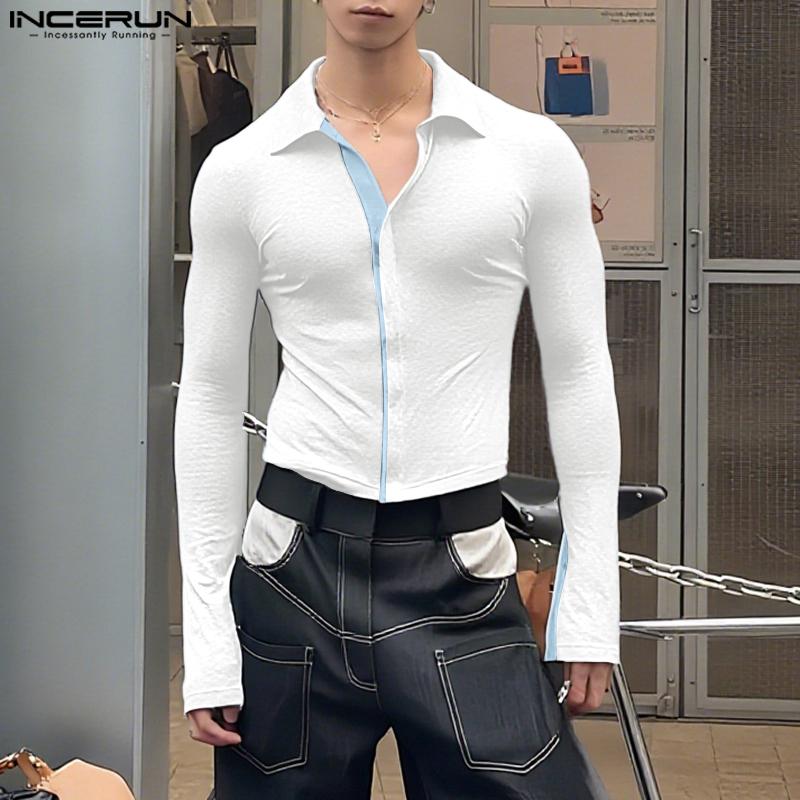 INCERUN Men Lapel Neck Long Sleeve Stitching Slightly Casual Fitted Cropped Tops Undershirts