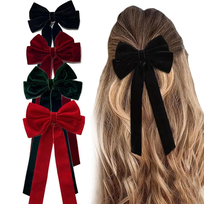 Samt-Haarspange für Damen, elegant, handgefertigt, schwarz, rot, grün, Doppelschleifen, Haarspange, lange Quaste, Haarschmuck, Weihnachtsgeschenk