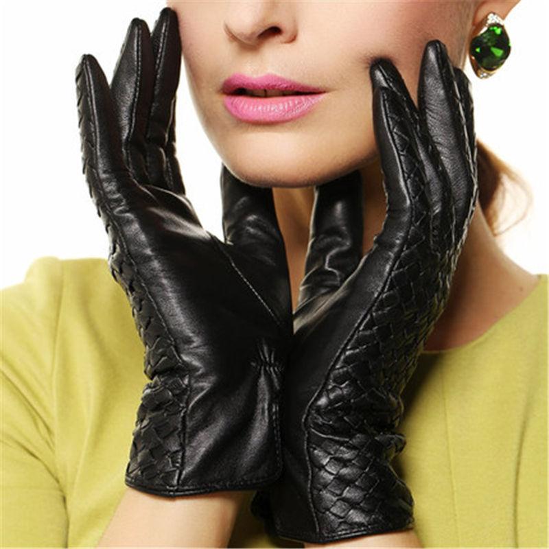 Women's Genuine Leather Gloves Female Handmade Woven Elegant Sheepskin Gloves Fashion Trend Nylon Lined L118NN-1