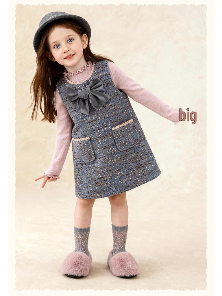 Tongbei 2025 Winter Girls' Sweet Bow Wool Sleeveless Dress