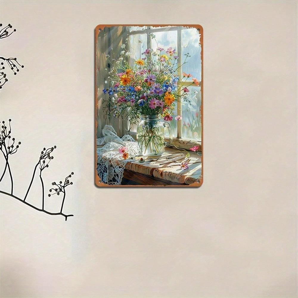 Metal Vintage Floral Wall Art Rustic Home Decor Farmhouse Kitchen Sign Retro Vase Hanging