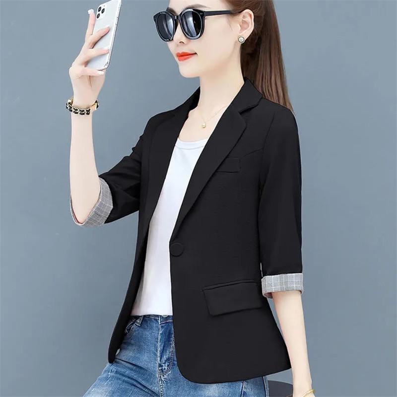 Summer Women Thin Blazer Jacket  New Korean Single Button 3/4 Sleeve Short Jacket Coat Lady Office Blazers Outerwear 3XL