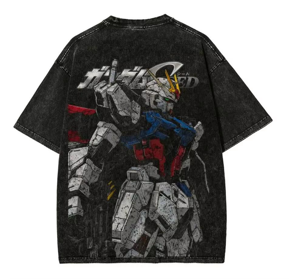 Strike Gundam Kanji Printed Tshirt Mens and Womens Washed Tshirt High Quality Vintage Cotton Tshirt Harajuku YK Tops