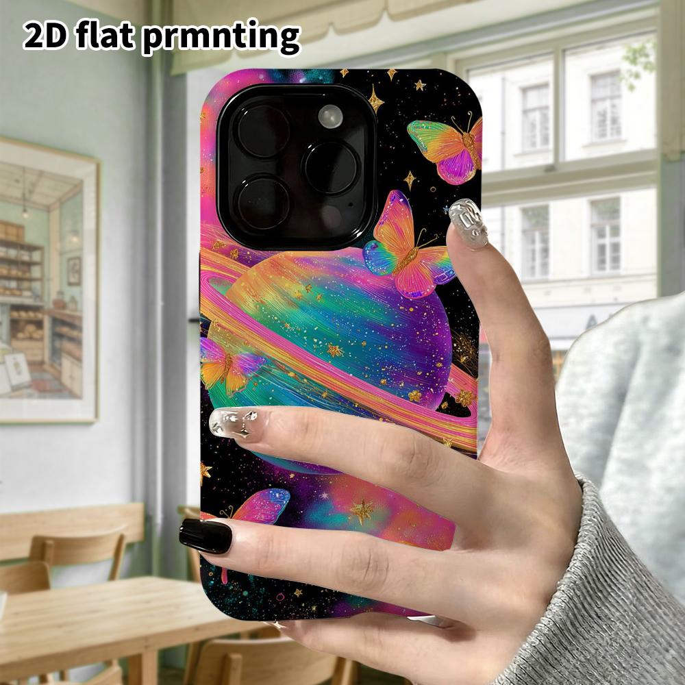 Phone Case: 2D Flat Design Suitable for iPhone 18, 17, 16, 15, 14, 13 Pro Film Protective Case, Couple Style, Rainbow Saturn, Christmas and Halloween 