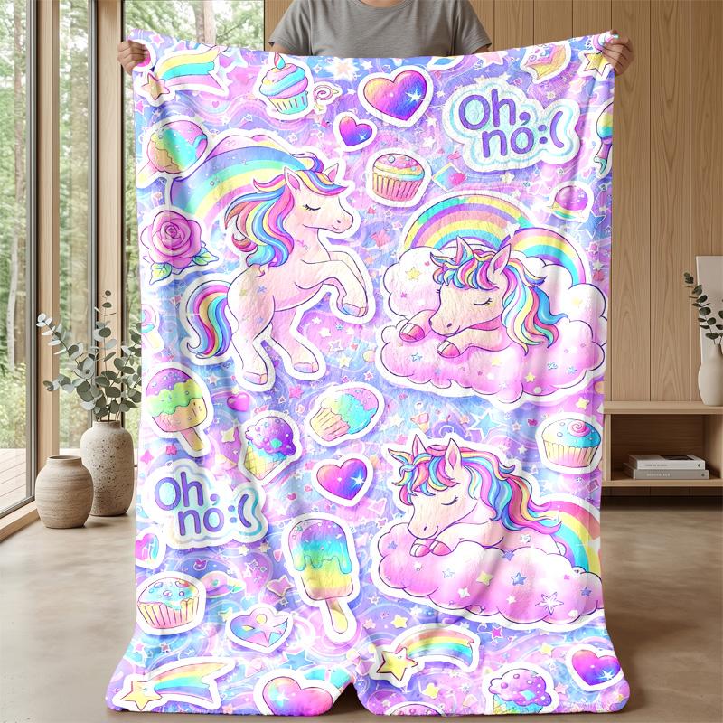 Rainbow Winged Unicorn Theme Blanket Lightweight Warm Flannel Blanket Decorative Throw Blanket for Home Decoration
