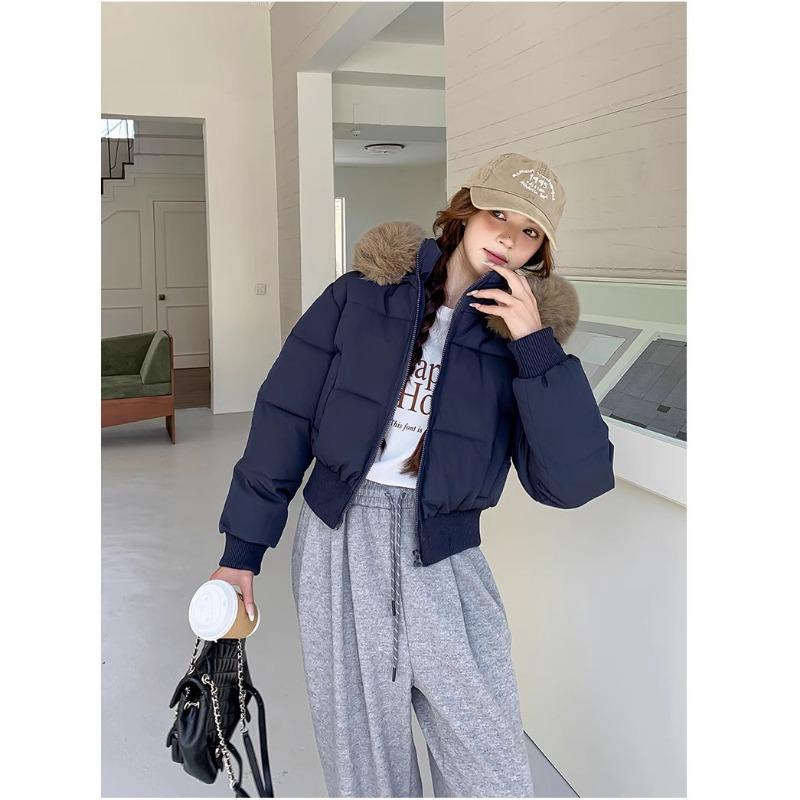 

High waist retro big fur collar hooded short cotton coat women s winter velvet thickened bread clothes cotton coat XL тёмно-синий