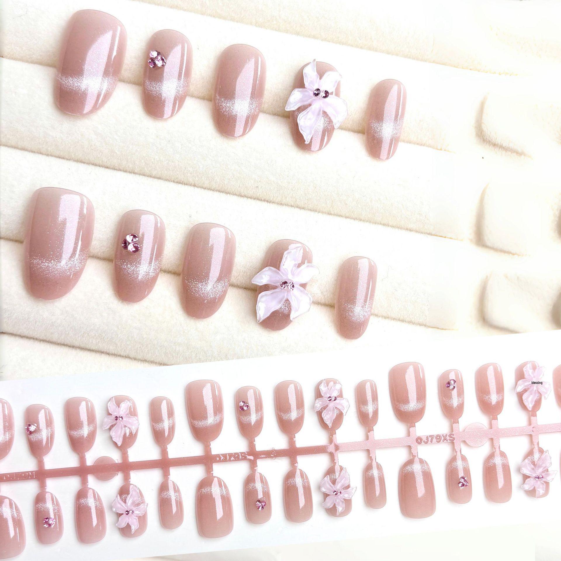 

Nude Pink Gradient Rhinestone 3D Press-On Nails, Korean Style Girly Art