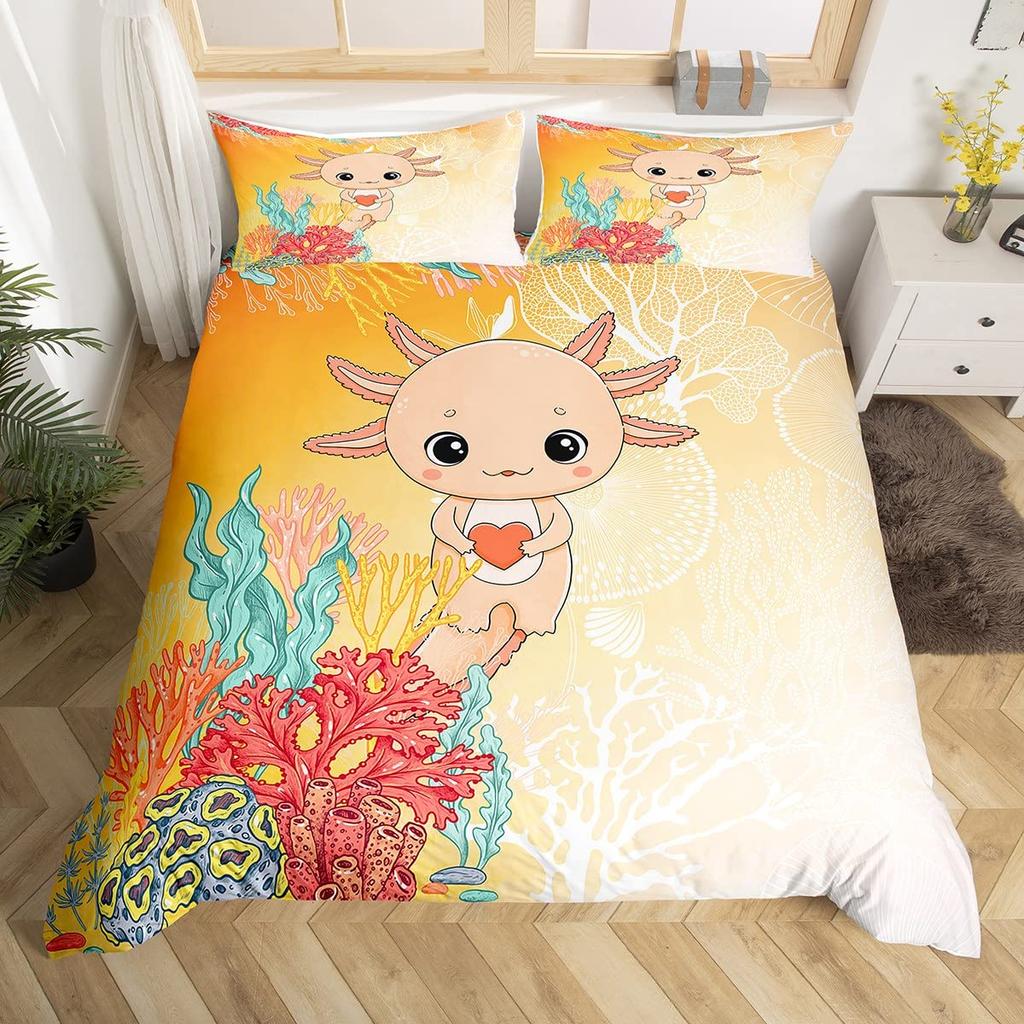 Axolotl Duvet Cover Set Pink Newt Wildlife Comforter Cover With Pillowcases Cartoon Octopus Animal Kawaii Style Twin Quilt Cover