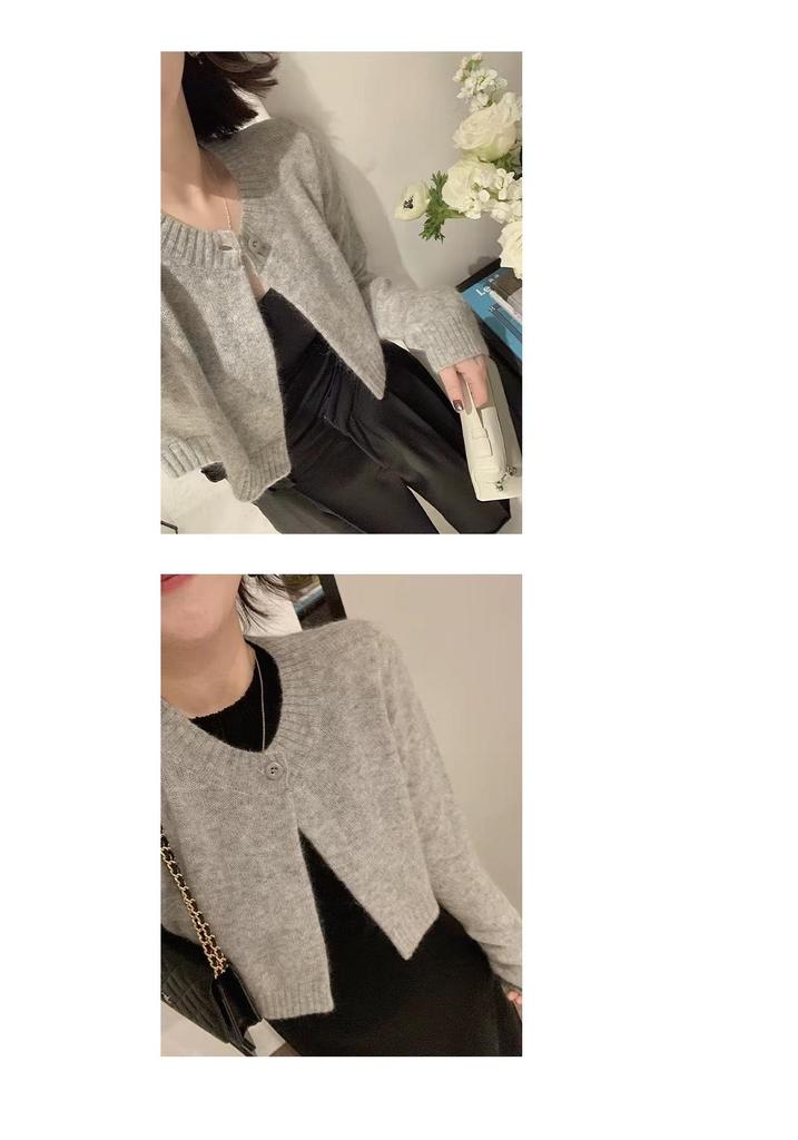 Women's One-Button Loose Knitwear: Short High-Waisted Wool Cardigan with Long Sleeves and Round Neck for Autumn/Winter Fashion.