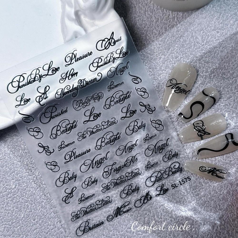 English Letter Nail Art Stickers Artistic Font DIY Nail Decoration 3D Embossed Black White Manicure Decals
