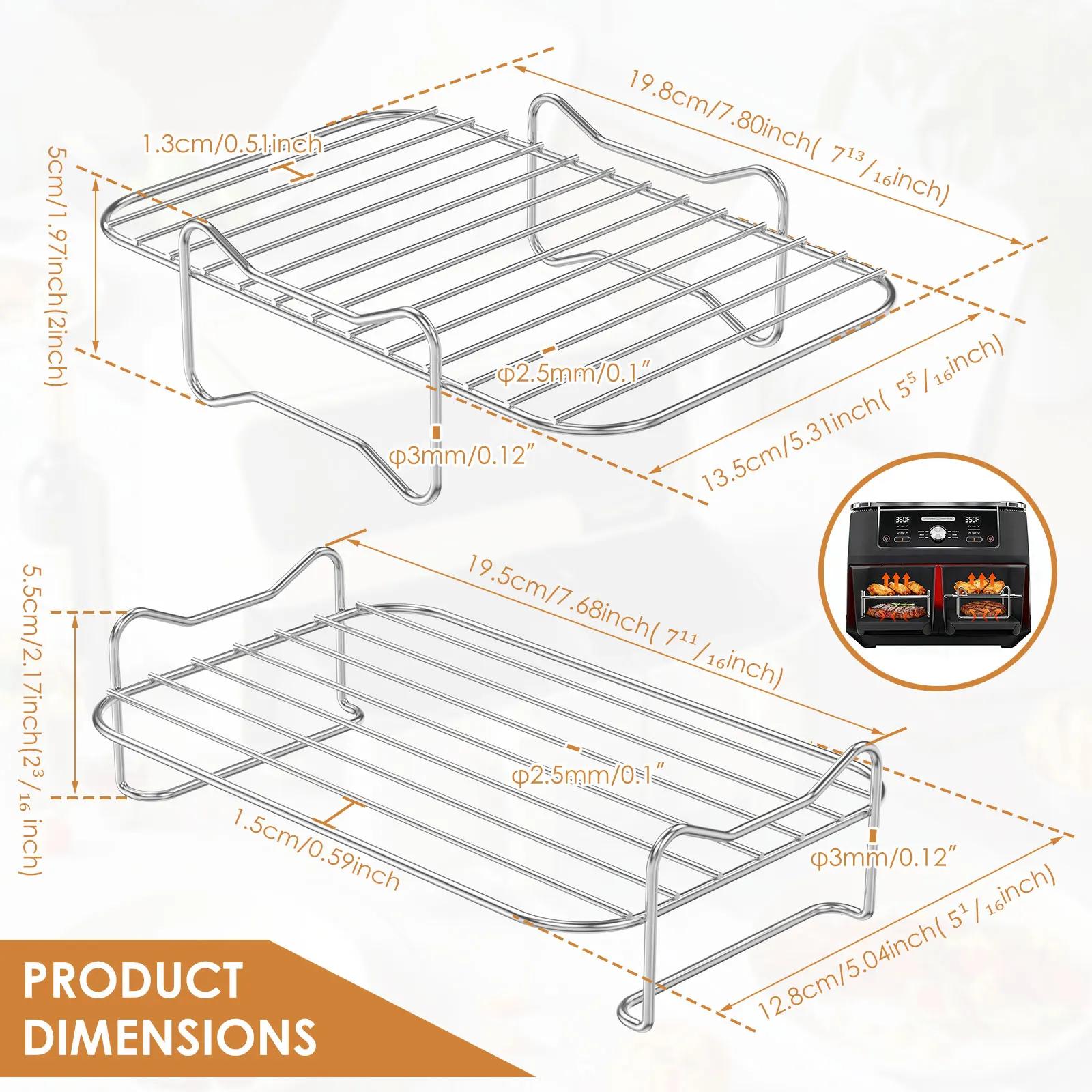 2Pcs Air Fryer Rack Stackable 304 Stainless Steel Dual Basket Air Fryer Grill Rack Dishwasher Safe for 8.5L-10L Air Fryer Rack