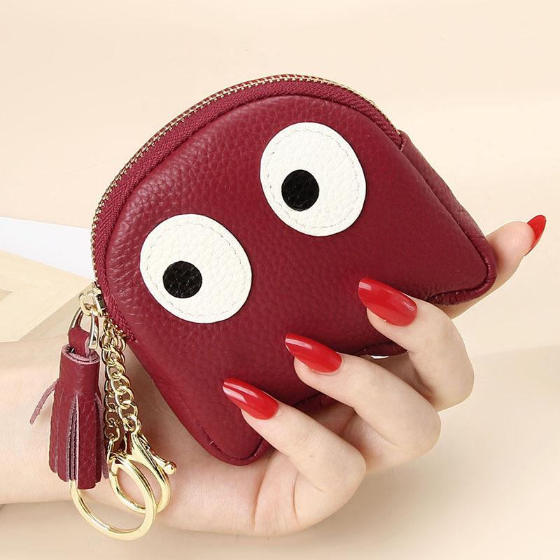 1PC Cute Cartoon Head Layer Cowhide Coin Purse Clutch Mini Creative Zipper Coin Purse Keychain Ladies Coin Purse