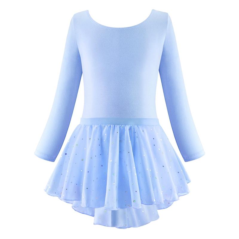Kindermeisjesdansbody met lange mouwen en balletrok met pailletten, tweedelige kledingset