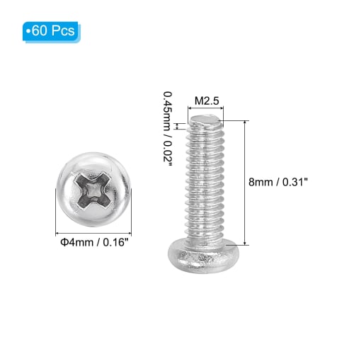 PATIKIL 60pcs M2.5-0.45 x 8mm Round Head Phillips Head Machine Screws, 304 Stainless Steel, 18-8 Full Thread, Pan Head Cross Recessed Drive Screws