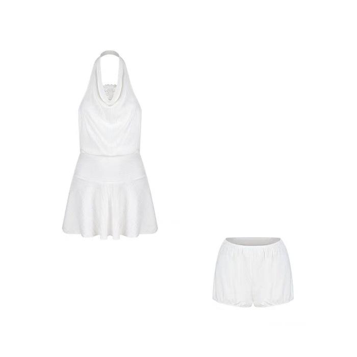 

Pure desire Spice Girl swinging neck dress women s summer new lace splicing backless pleated a-word short skirt S