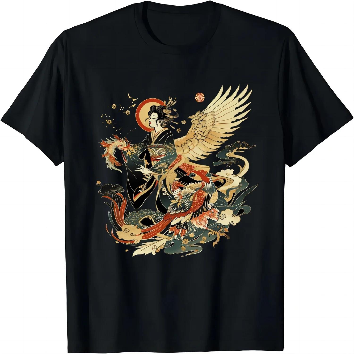 Japanese Retro Vintage Artwork Tengu Goddess Playing Flute T-Shirt Japanese 2000s Style Y2k Women Clothing S