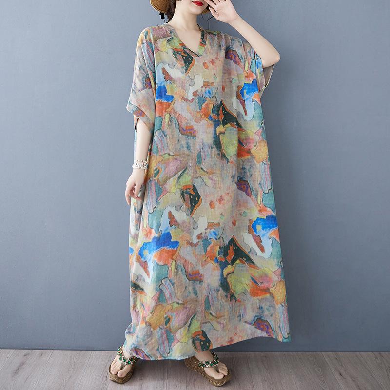 Summer Casual Artistic Plus Size Loose Print V-neck Short Sleeved Dress