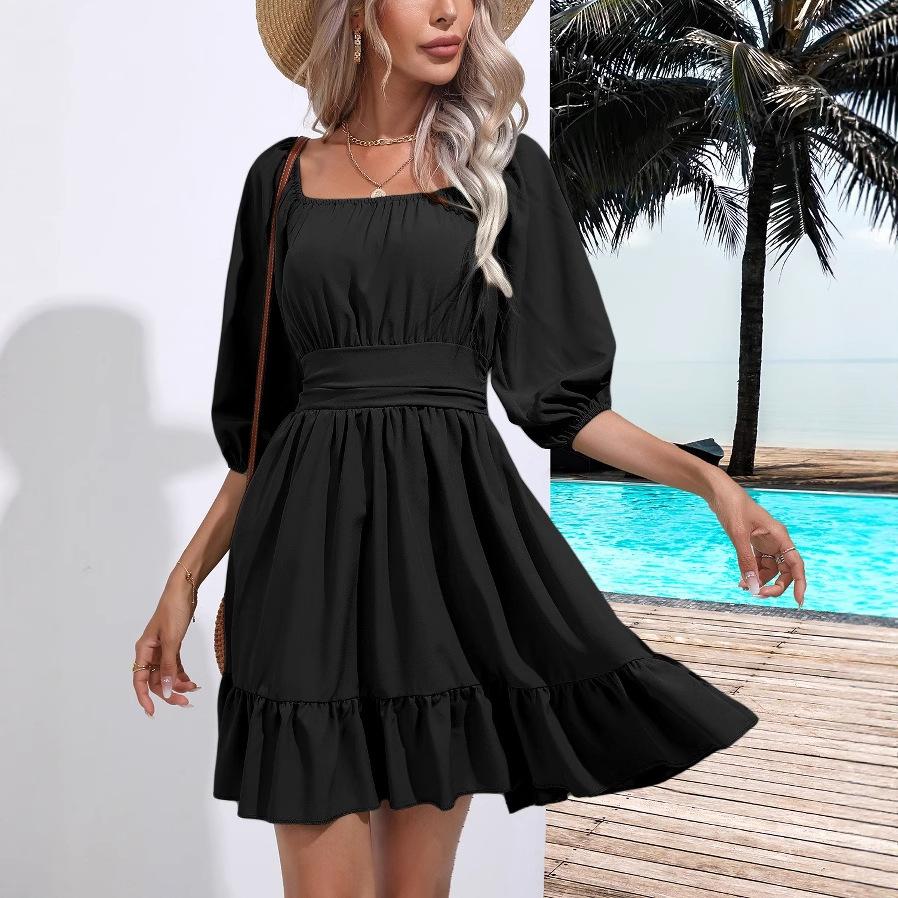 2026 ruffle leaf edge square neck dress strap short skirt women's summer new, Amazon European and American cross-border women's clothing