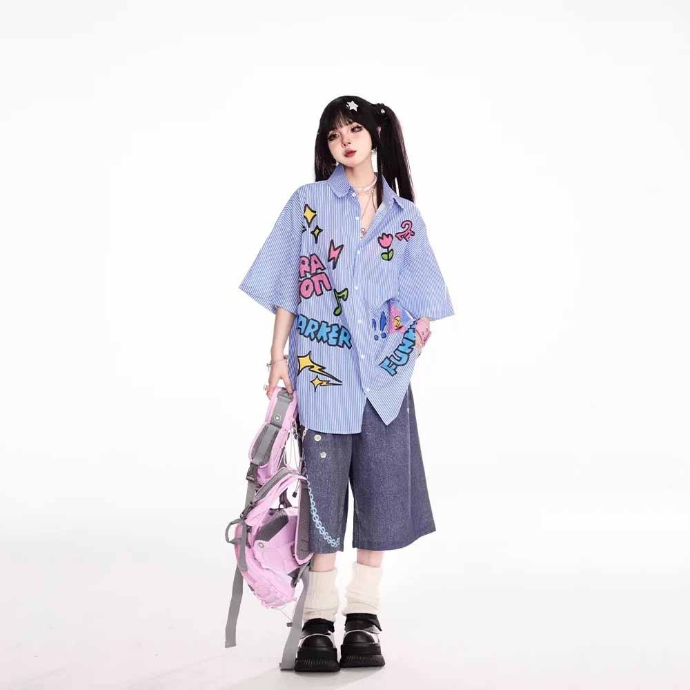 Summer Pleated Pockets Wide Leg Jean Shorts Retro Y2k Gyaru Streetwear Rainbow Chain Print Bermuda Pants for Women