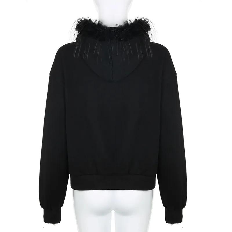 Goth Dark Faux Fur Collar Hooded Cardigans, Zip Up Hoodies, Gothic Grunge Pockets, Black Jackets, Female Y2k Streetwear