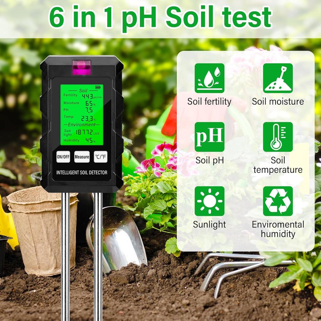 6 In 1 Digital Soil Tester Multifunctional Soil PH Detector Moisture Fertility pH Temperature Humidity Light Meter for Garden