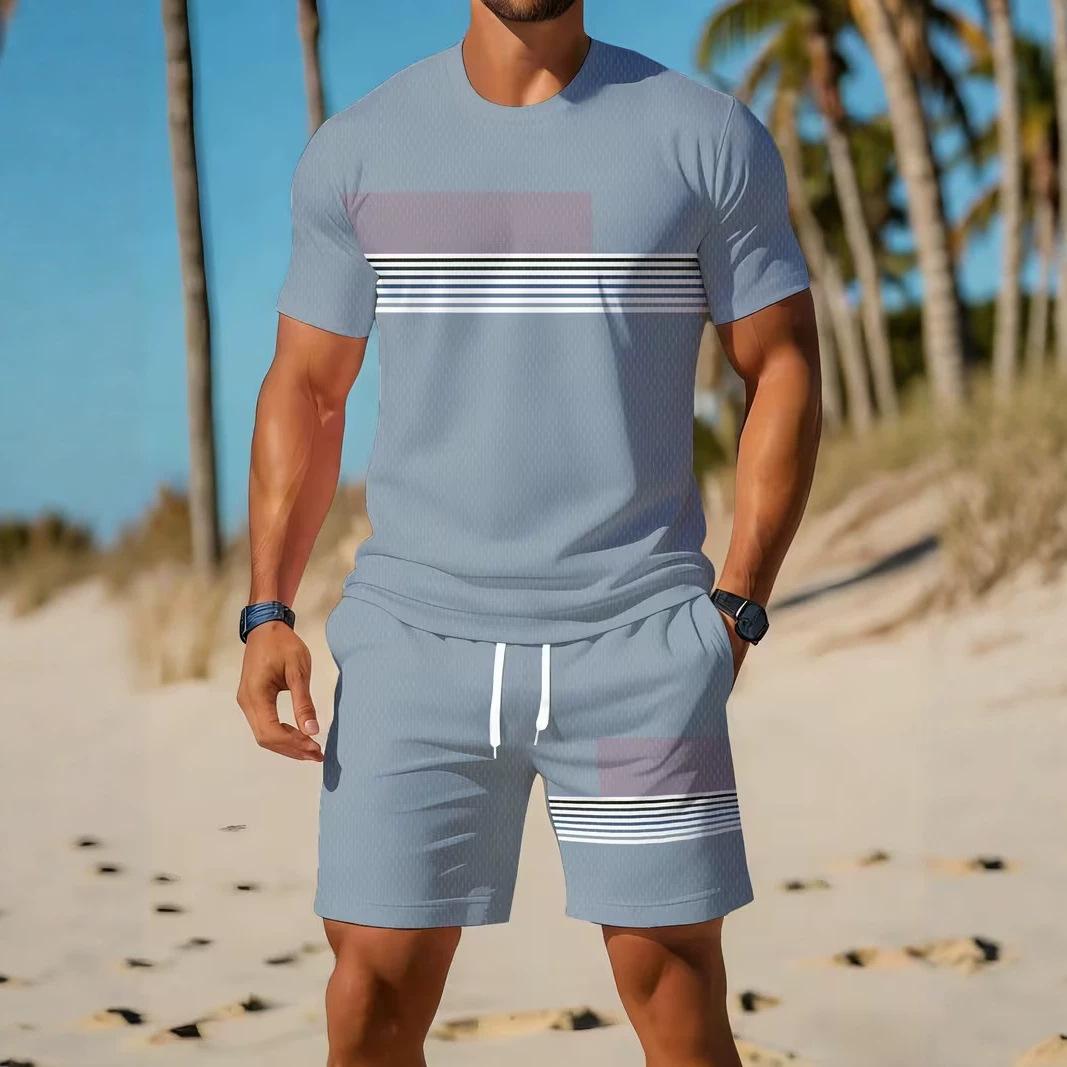 Summer Men s 3D Printed Casual Sports Loose Fashionable Comfortable Round Neck Short Sleeved Shorts Set Letter Stripe Pattern Sports Wear S