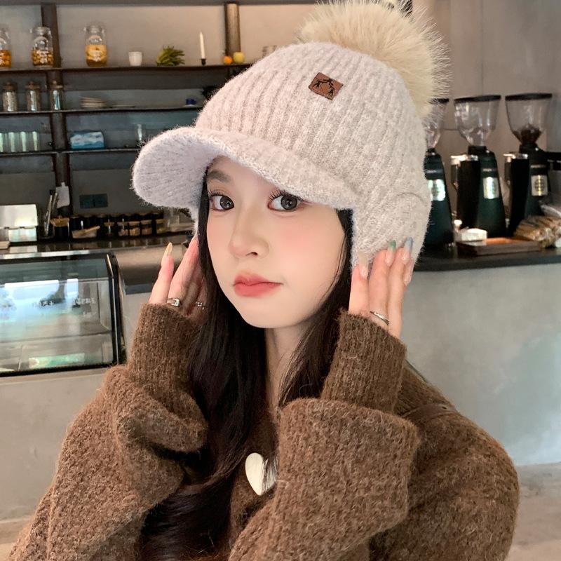 Versatile Leather Label Plus Velvet Thickened Wool Hat Outdoor Cold Protection Hat Korean Casual Face Showing Hat for Women