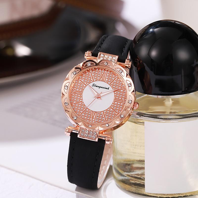 Damen Quarzuhr mit Strass-Zifferblatt und Lederarmband