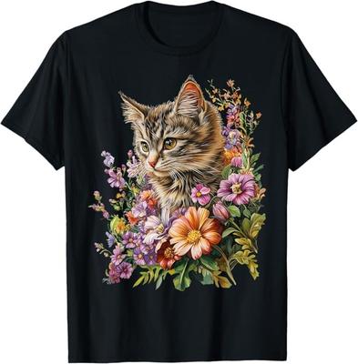 Katt Blomst Blomster Søt Kattunge Grafisk Menn Kvinner Barn T-skjorte