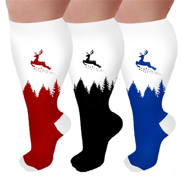 3 Pairs Christmas Pattern Athletic Wide Calf Compression Socks for Men and Women Running Flight Travel Nurses Pregnant