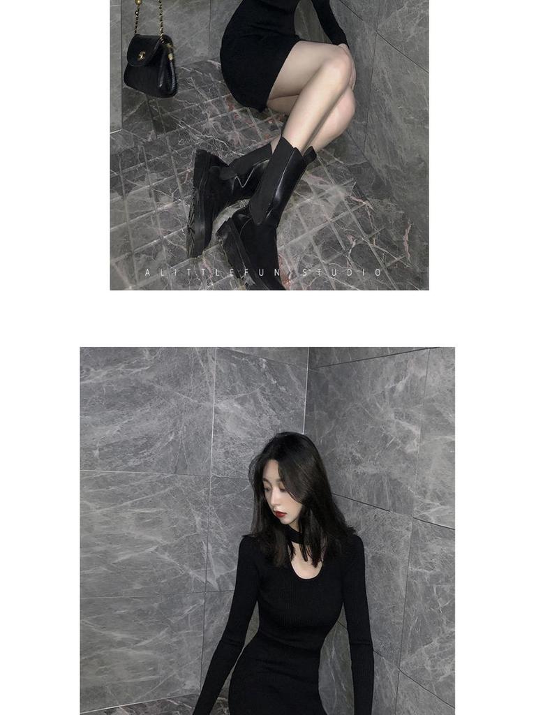 2022 Pure Desire Black Slim Hollow-Out Club Dress - Spring & Autumn Collection, Sexy Plus Size Bottom Skirt