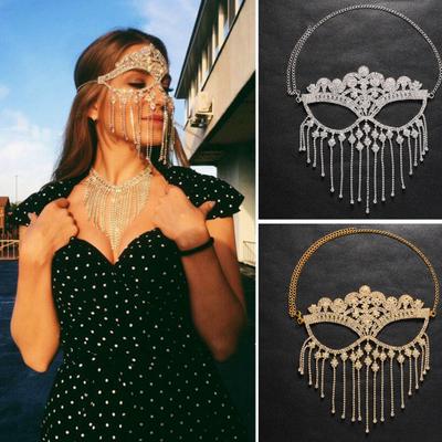 Women Face Cover Exaggerated Adjustable Open Design Tassel Sparkling Decorative Gift Full Rhinestones
