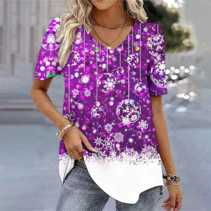 Weihnachtsthema 3D-Druck Damen T-Shirts Kurzarm Tees Fröhlich Lustig Mode Damenbekleidung V-Ausschnitt Übergroße Pullover T-Shirts
